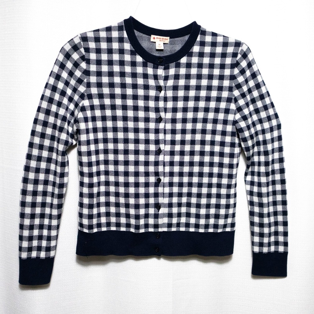 Brooks Brothers Red Fleece Cardigan Sweater Womens M Navy Gingham Check Preppy